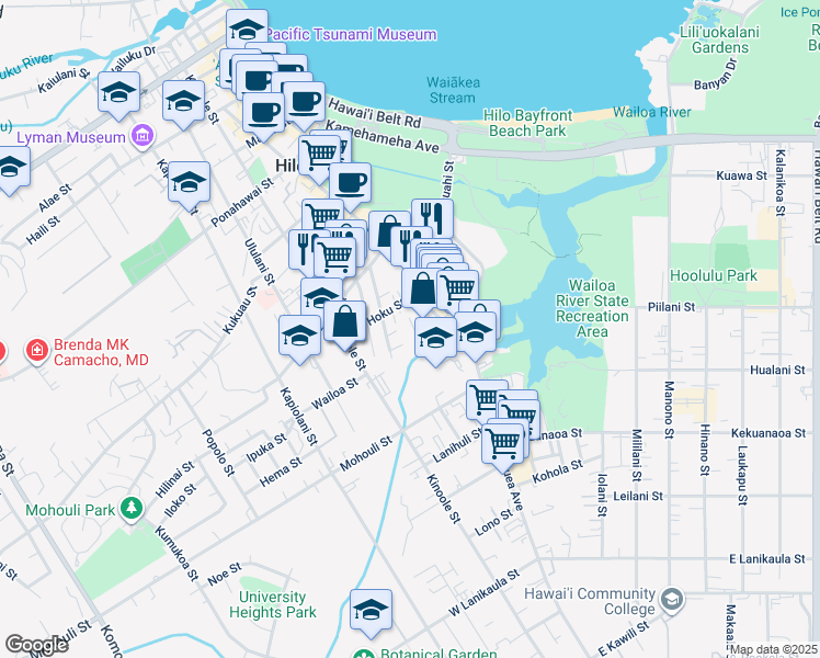 map of restaurants, bars, coffee shops, grocery stores, and more near 37 Noio Lane in Hilo
