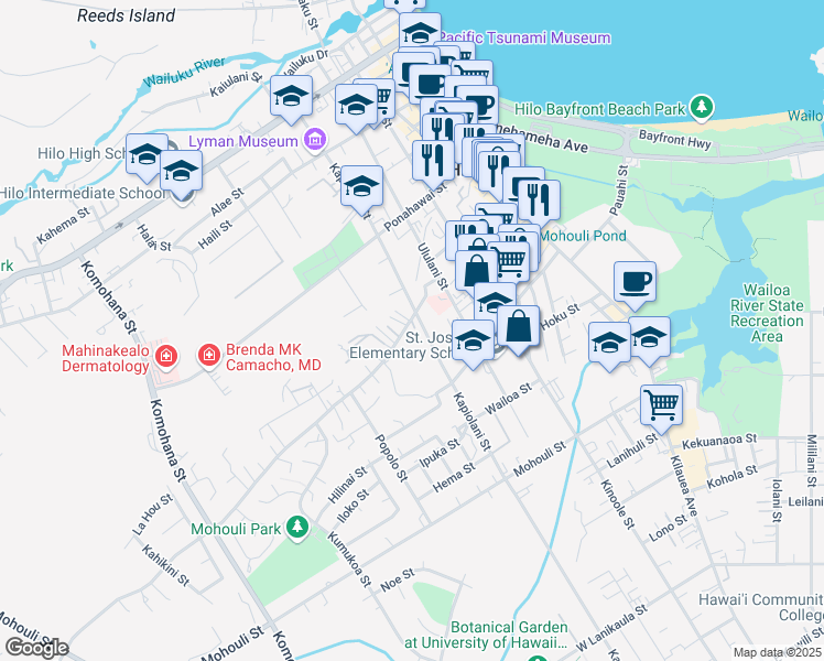 map of restaurants, bars, coffee shops, grocery stores, and more near 287 Kukuau Street in Hilo