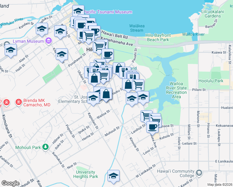 map of restaurants, bars, coffee shops, grocery stores, and more near 186 Hoku Street in Hilo