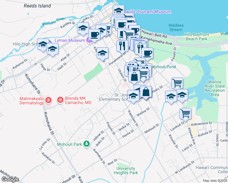 map of restaurants, bars, coffee shops, grocery stores, and more near 277 Kukuau Street in Hilo