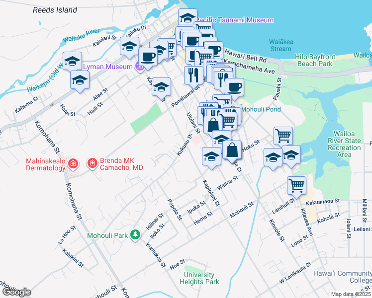map of restaurants, bars, coffee shops, grocery stores, and more near 277 Kukuau Street in Hilo