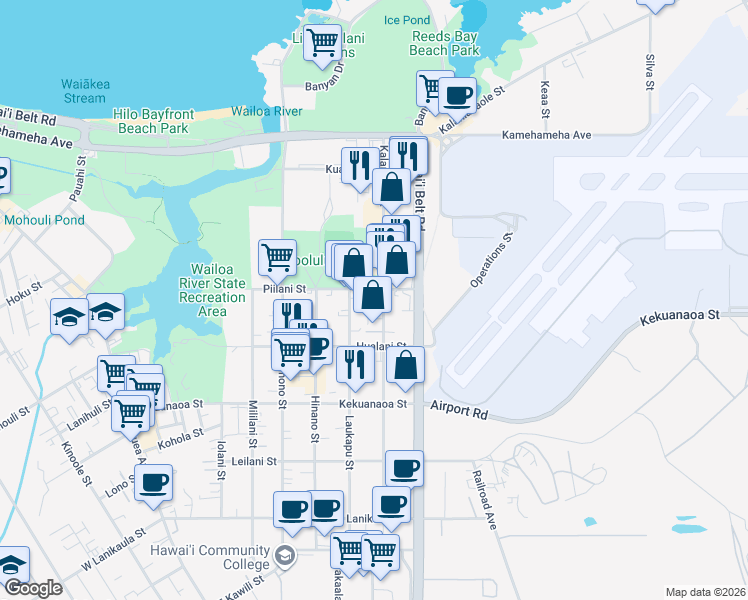 map of restaurants, bars, coffee shops, grocery stores, and more near 860 Piilani Street in Hilo