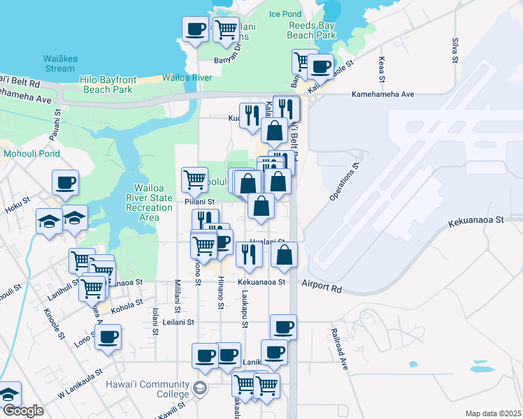 map of restaurants, bars, coffee shops, grocery stores, and more near 464 Kalanikoa Street in Hilo