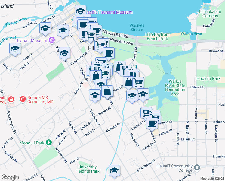 map of restaurants, bars, coffee shops, grocery stores, and more near 186 Hoku Street in Hilo