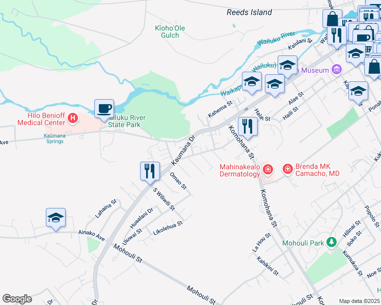 map of restaurants, bars, coffee shops, grocery stores, and more near 34 Lele Street in Hilo