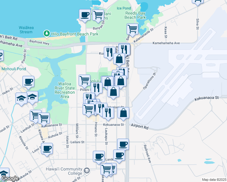 map of restaurants, bars, coffee shops, grocery stores, and more near 860 Piilani Street in Hilo