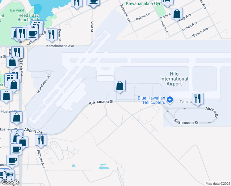map of restaurants, bars, coffee shops, grocery stores, and more near 43 Akahana Street in Hilo