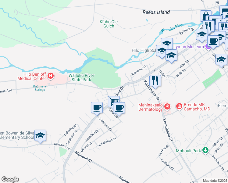 map of restaurants, bars, coffee shops, grocery stores, and more near 879 Waianuenue Avenue in Hilo
