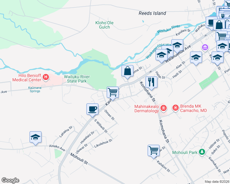map of restaurants, bars, coffee shops, grocery stores, and more near 837 Kaumana Drive in Hilo