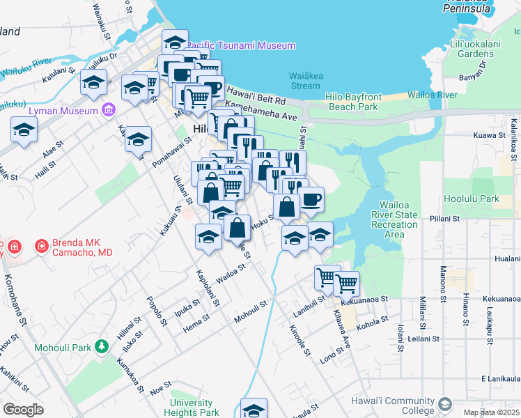 map of restaurants, bars, coffee shops, grocery stores, and more near 71 Panaewa Street in Hilo