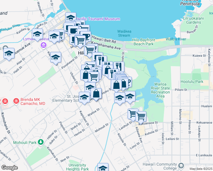 map of restaurants, bars, coffee shops, grocery stores, and more near 630 Kilauea Avenue in Hilo