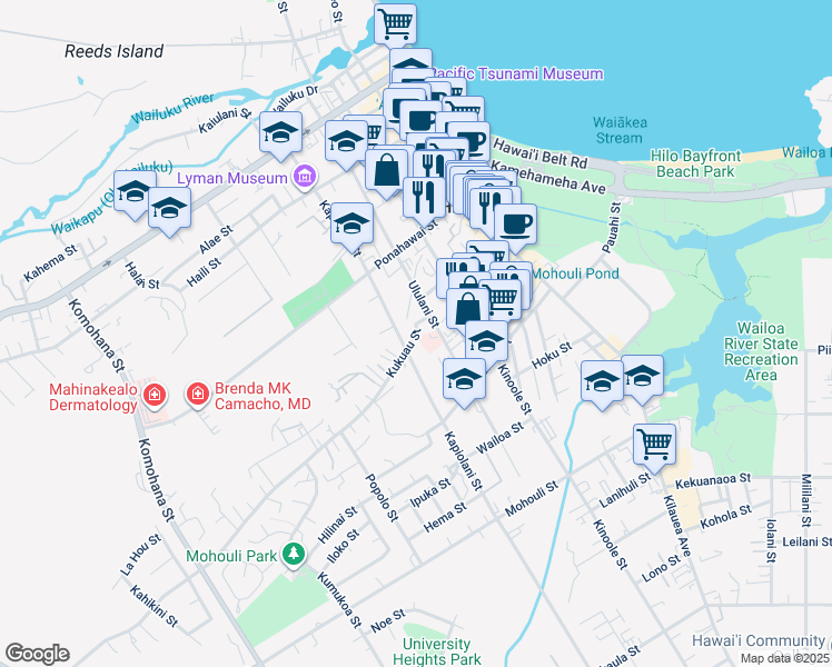 map of restaurants, bars, coffee shops, grocery stores, and more near 228 Kukuau Street in Hilo
