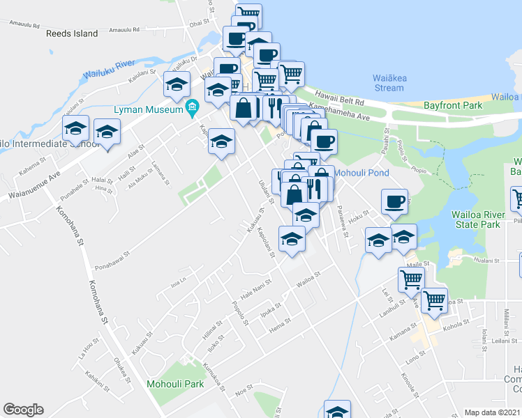 map of restaurants, bars, coffee shops, grocery stores, and more near 228 Kukuau Street in Hilo