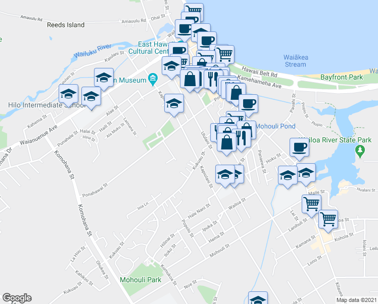 map of restaurants, bars, coffee shops, grocery stores, and more near 256 Kapiolani Street in Hilo