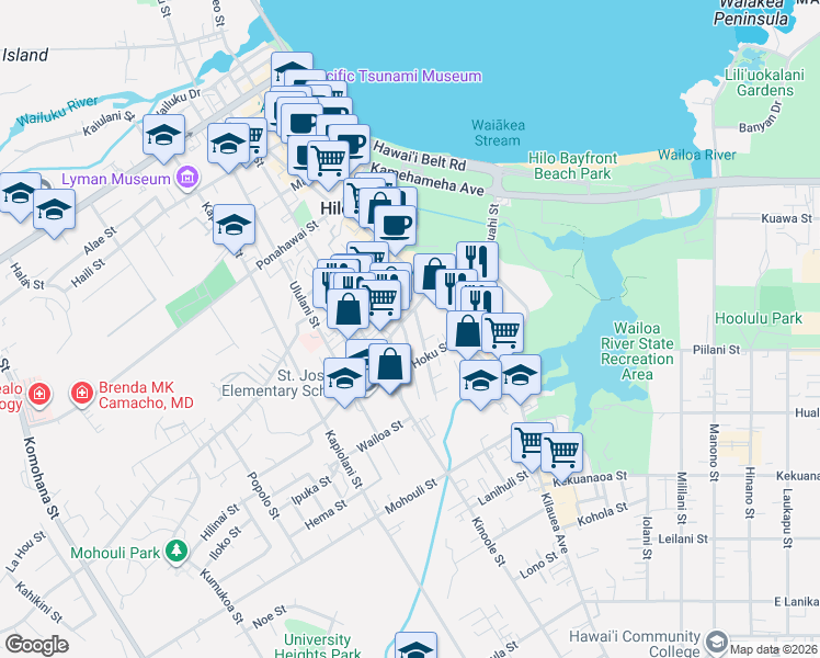map of restaurants, bars, coffee shops, grocery stores, and more near 20 Panaewa Street in Hilo