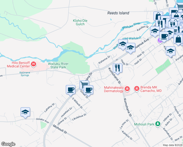 map of restaurants, bars, coffee shops, grocery stores, and more near 837 Kaumana Drive in Hilo