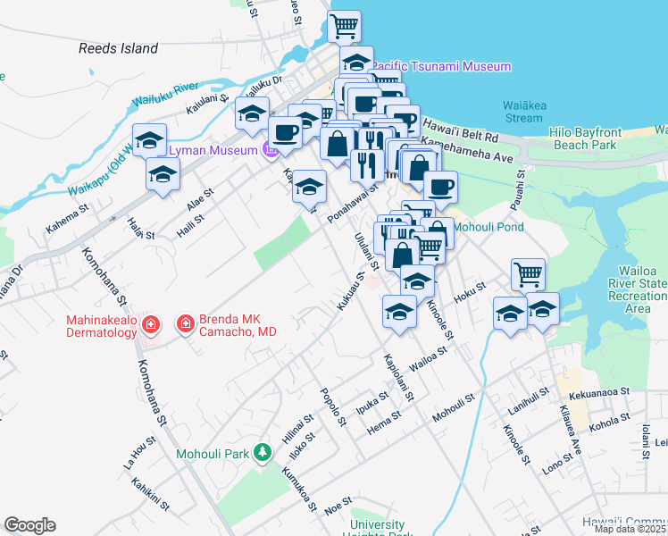 map of restaurants, bars, coffee shops, grocery stores, and more near 256 Kapiolani Street in Hilo