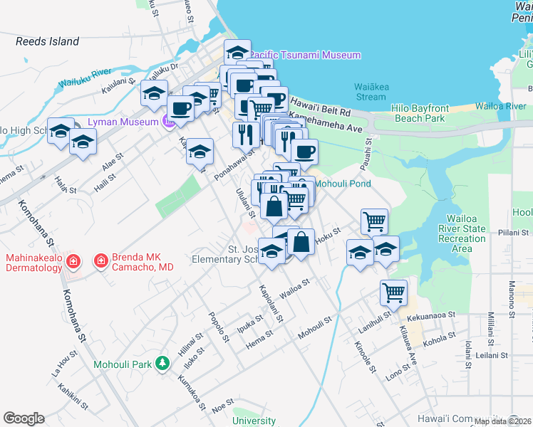 map of restaurants, bars, coffee shops, grocery stores, and more near 688 Kinoole Street in Hilo