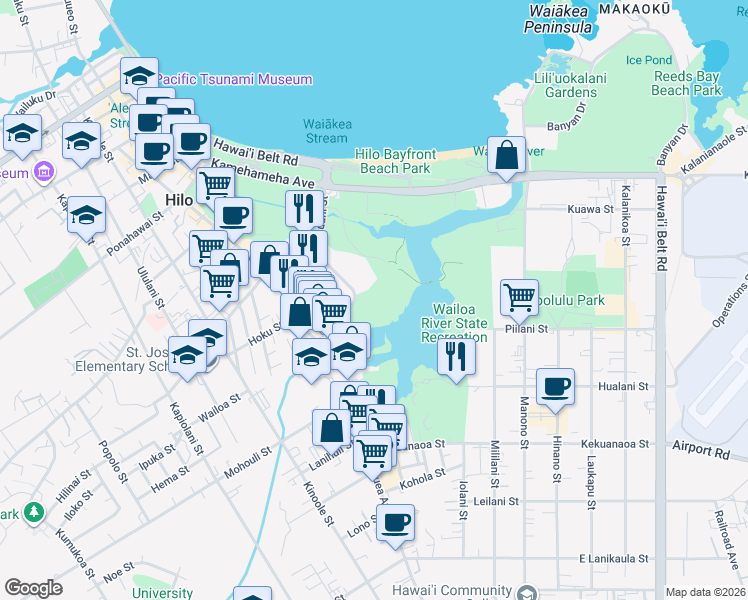 map of restaurants, bars, coffee shops, grocery stores, and more near 101 Aupuni Street in Hilo
