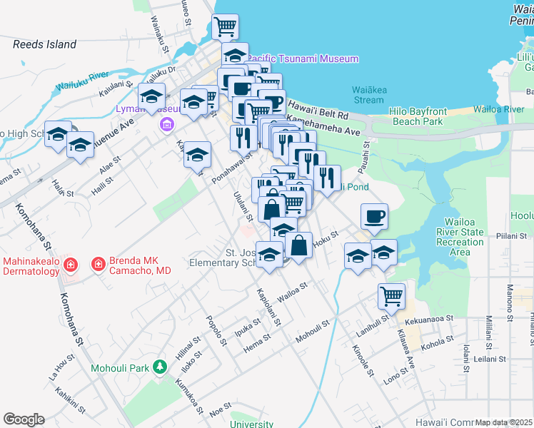 map of restaurants, bars, coffee shops, grocery stores, and more near 688 Kinoole Street in Hilo