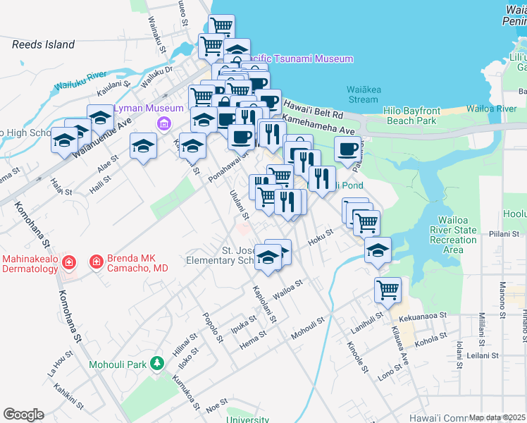 map of restaurants, bars, coffee shops, grocery stores, and more near 688 Kinoole Street in Hilo