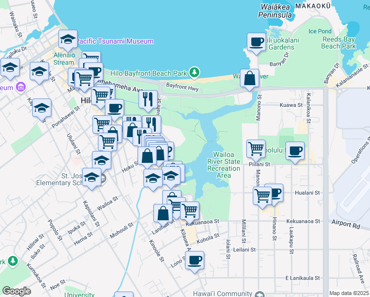 map of restaurants, bars, coffee shops, grocery stores, and more near 101 Aupuni Street in Hilo