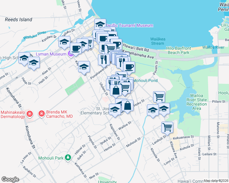 map of restaurants, bars, coffee shops, grocery stores, and more near 688 Kinoole Street in Hilo