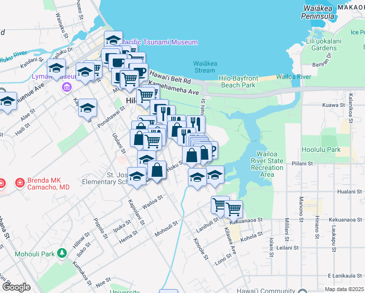 map of restaurants, bars, coffee shops, grocery stores, and more near 630 Kilauea Ave in Hilo