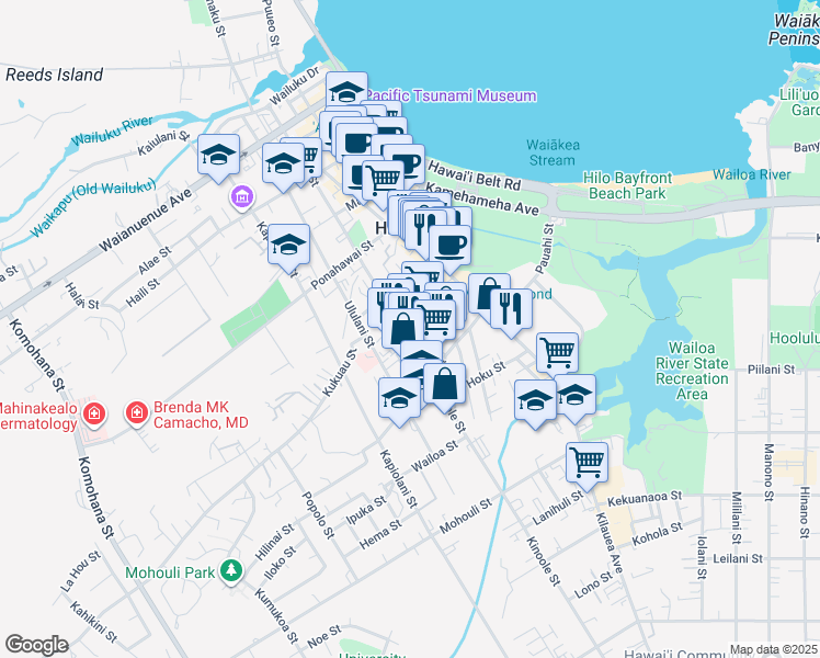 map of restaurants, bars, coffee shops, grocery stores, and more near 777 Kinoole St in Hilo