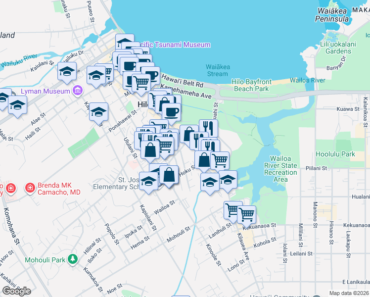 map of restaurants, bars, coffee shops, grocery stores, and more near 20 Panaewa Street in Hilo