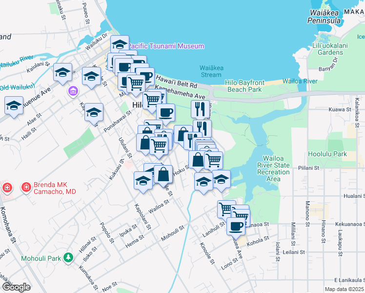 map of restaurants, bars, coffee shops, grocery stores, and more near 630 Kilauea Avenue in Hilo