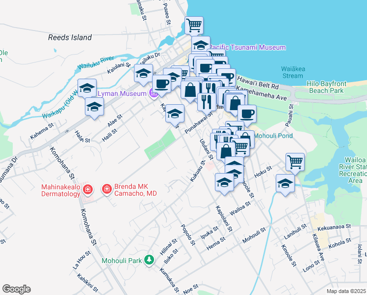 map of restaurants, bars, coffee shops, grocery stores, and more near 256 Kapiolani Street in Hilo