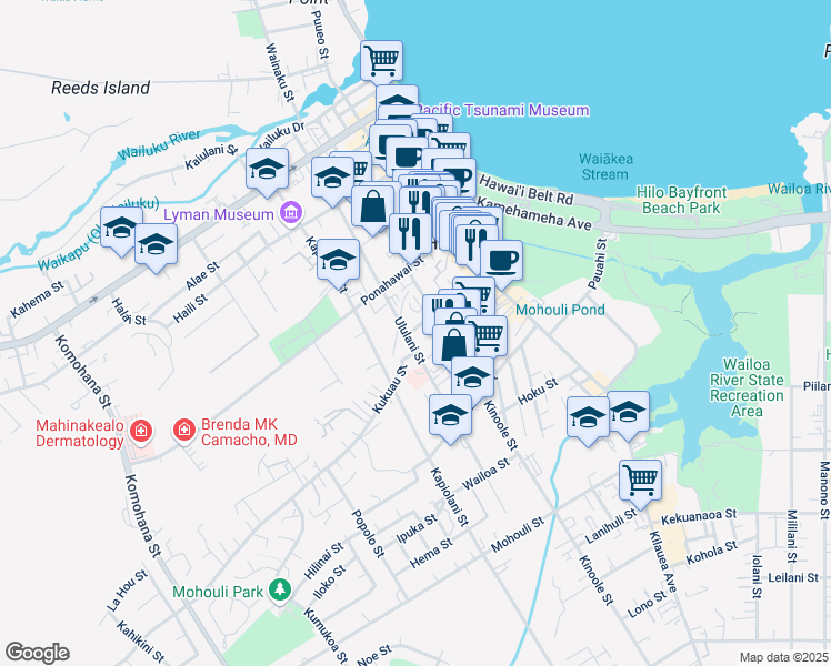 map of restaurants, bars, coffee shops, grocery stores, and more near 189 Kukuau Street in Hilo