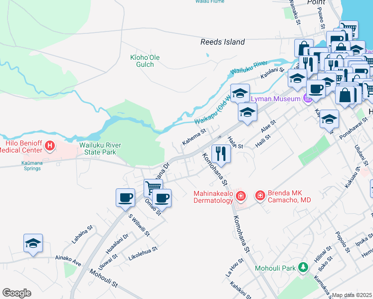 map of restaurants, bars, coffee shops, grocery stores, and more near 72 Kahema Street in Hilo