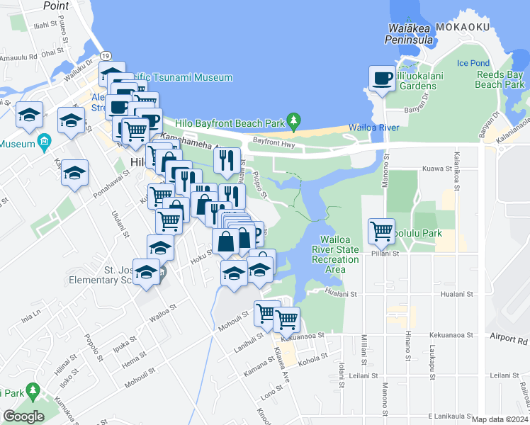 map of restaurants, bars, coffee shops, grocery stores, and more near 75 Aupuni Street in Hilo