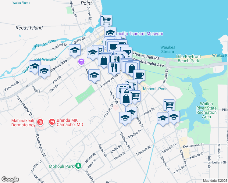 map of restaurants, bars, coffee shops, grocery stores, and more near 263 Ponahawai Street in Hilo