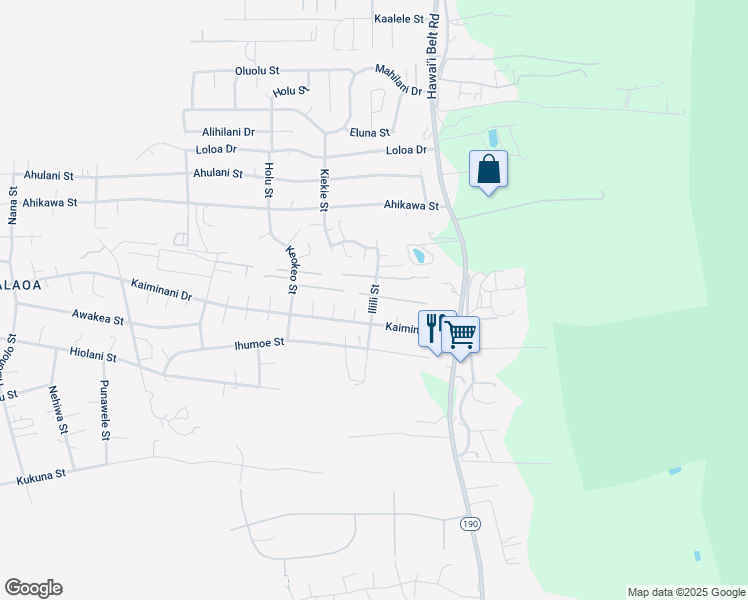 map of restaurants, bars, coffee shops, grocery stores, and more near Iliili Street in Kaiminani