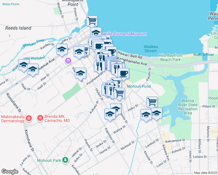 map of restaurants, bars, coffee shops, grocery stores, and more near 591 Kinoole Street in Hilo