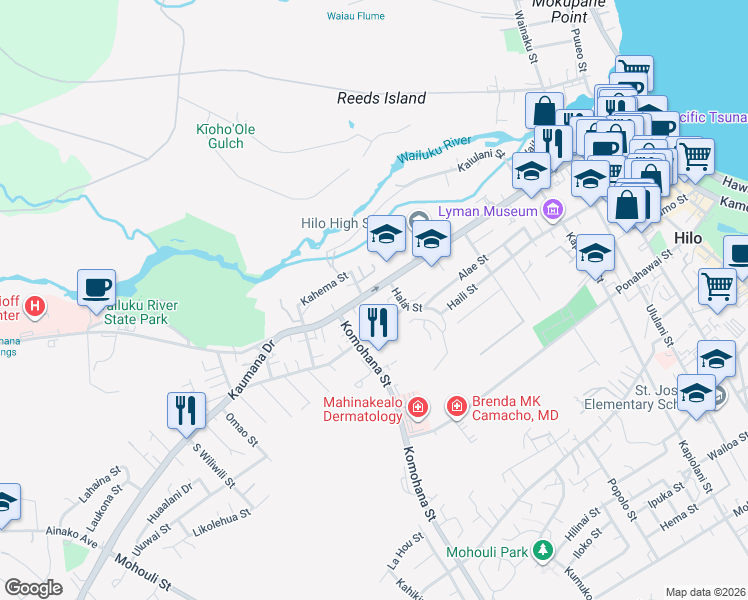 map of restaurants, bars, coffee shops, grocery stores, and more near 671 State Route 200 in Hilo