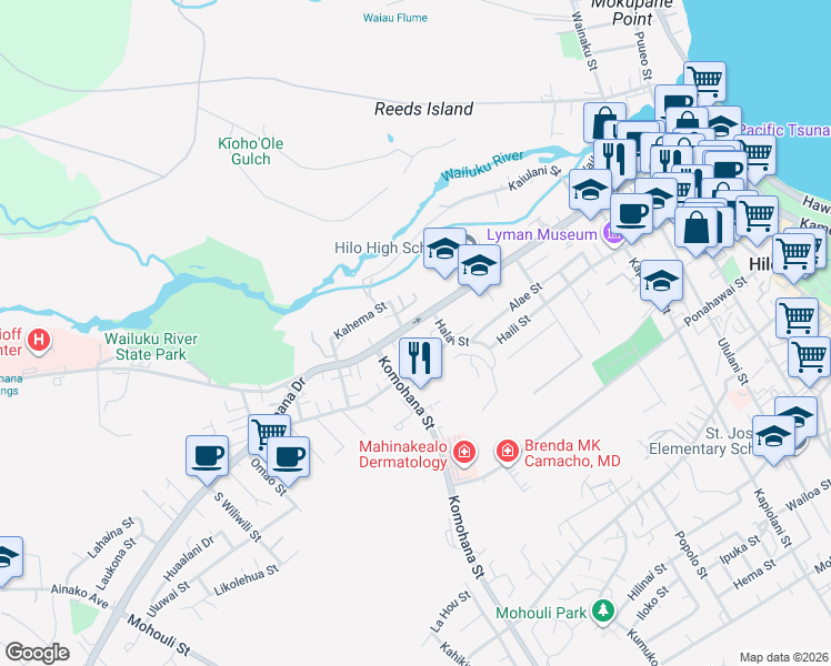 map of restaurants, bars, coffee shops, grocery stores, and more near 671 State Route 200 in Hilo