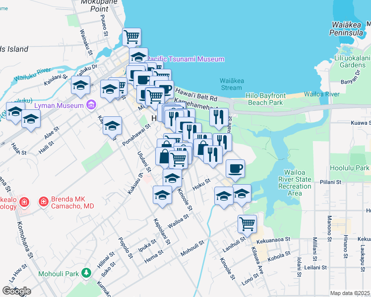 map of restaurants, bars, coffee shops, grocery stores, and more near 460 Kilauea Avenue in Hilo