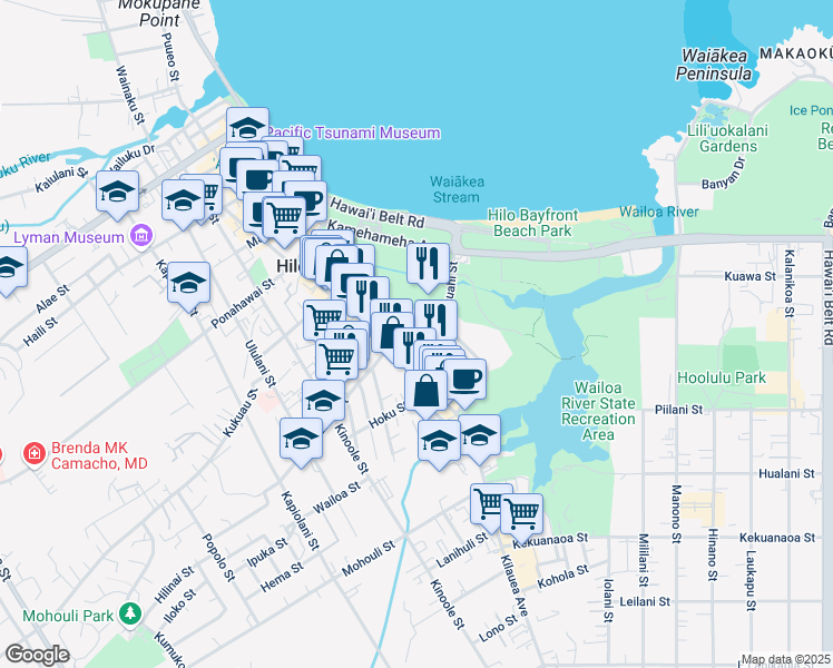 map of restaurants, bars, coffee shops, grocery stores, and more near 120 Pauahi St in Hilo