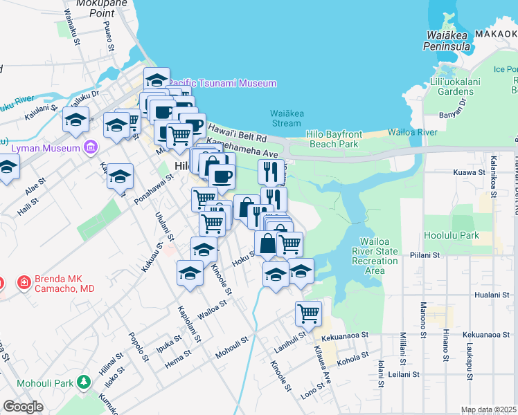 map of restaurants, bars, coffee shops, grocery stores, and more near 120 Pauahi Street in Hilo