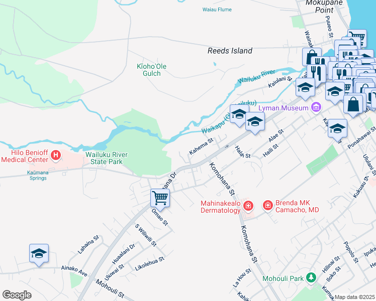 map of restaurants, bars, coffee shops, grocery stores, and more near 72 Kahema Street in Hilo