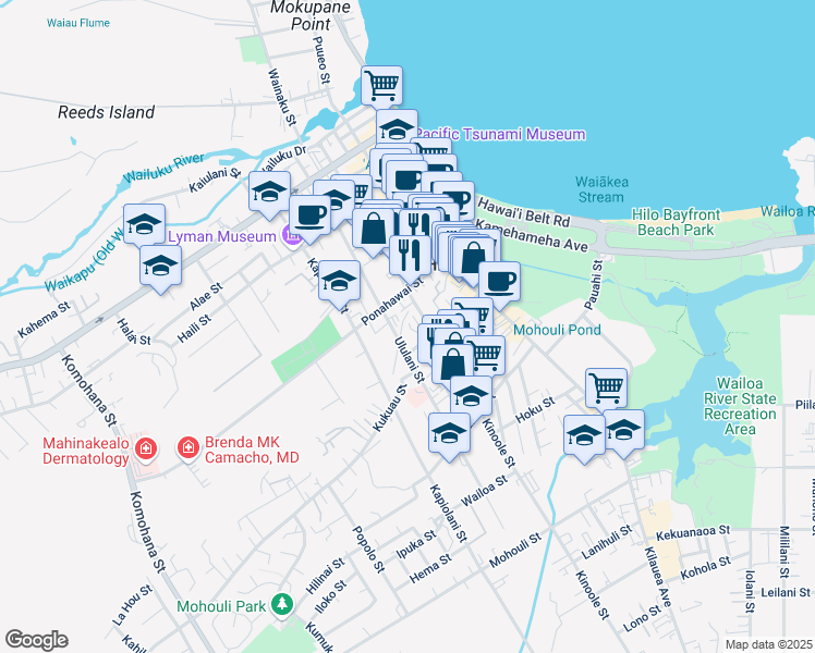 map of restaurants, bars, coffee shops, grocery stores, and more near 263 Ponahawai Street in Hilo