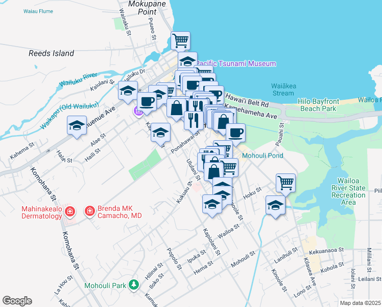 map of restaurants, bars, coffee shops, grocery stores, and more near 263 Ponahawai Street in Hilo