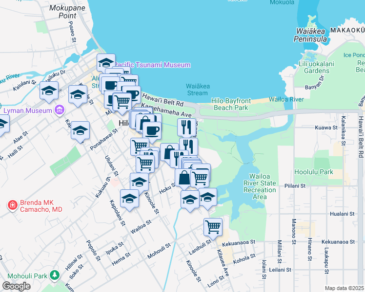 map of restaurants, bars, coffee shops, grocery stores, and more near 120 Pauahi Street in Hilo