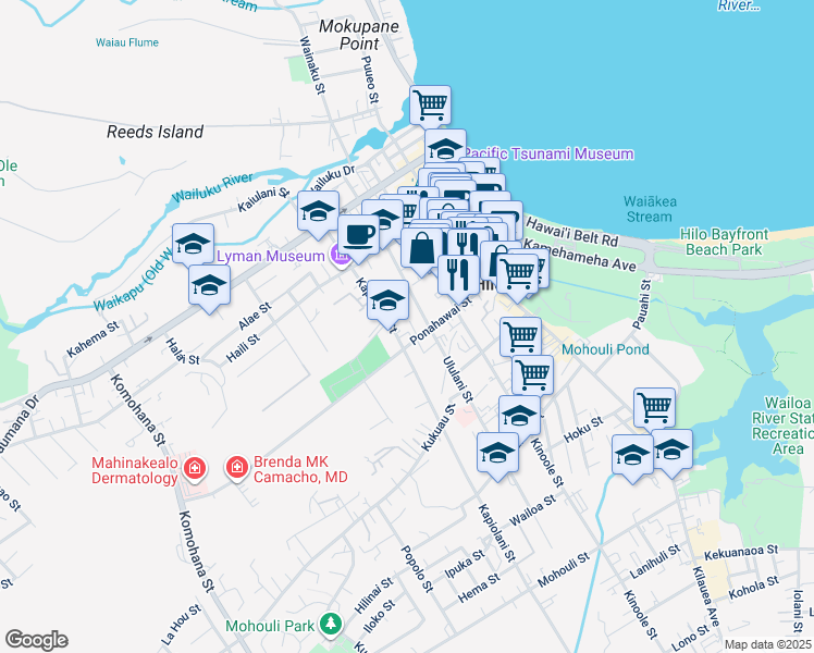 map of restaurants, bars, coffee shops, grocery stores, and more near 24 Loulu Lane in Hilo