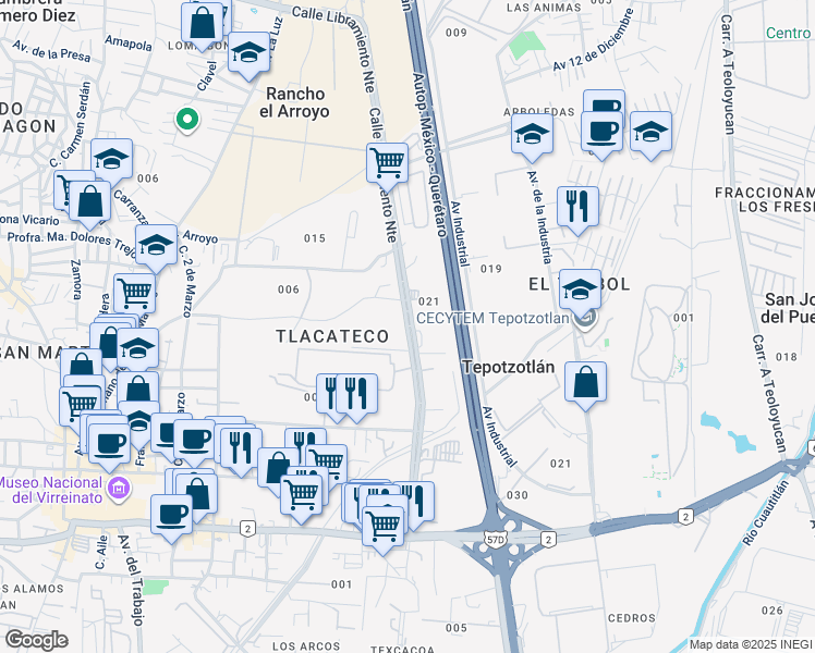 map of restaurants, bars, coffee shops, grocery stores, and more near Calle Libramiento Norte in Tepotzotlán