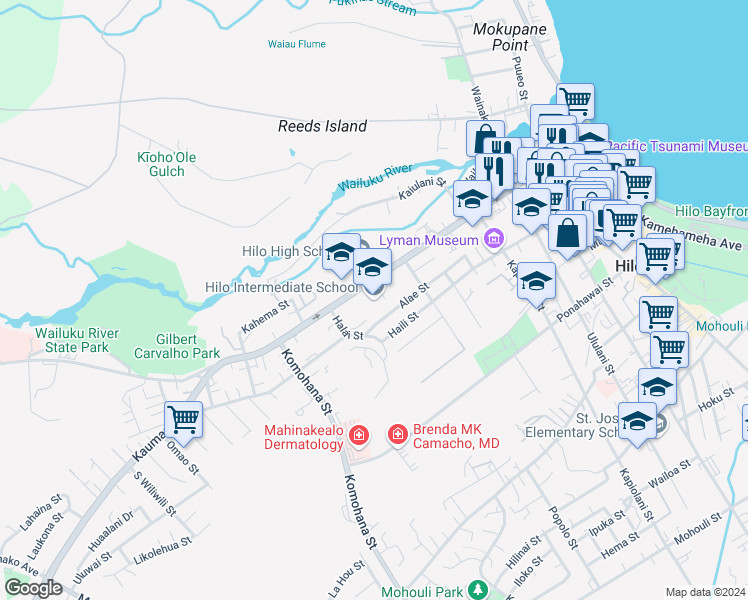 map of restaurants, bars, coffee shops, grocery stores, and more near 587 Waianuenue Avenue in Hilo
